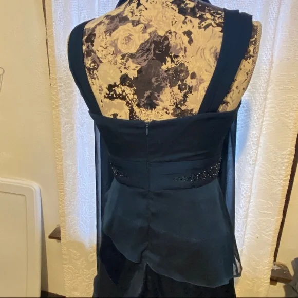 Adrianna Papell Beads Tiered Chiffon Evening Gown Sz 8 Prussian Blue Prom Dress - Picture 8 of 16